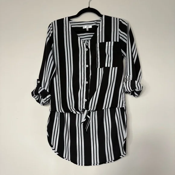Stella Tweed High Low Black & White Striped Blouse Roll Tab Sleeve Size XS - Picture 3 of 9